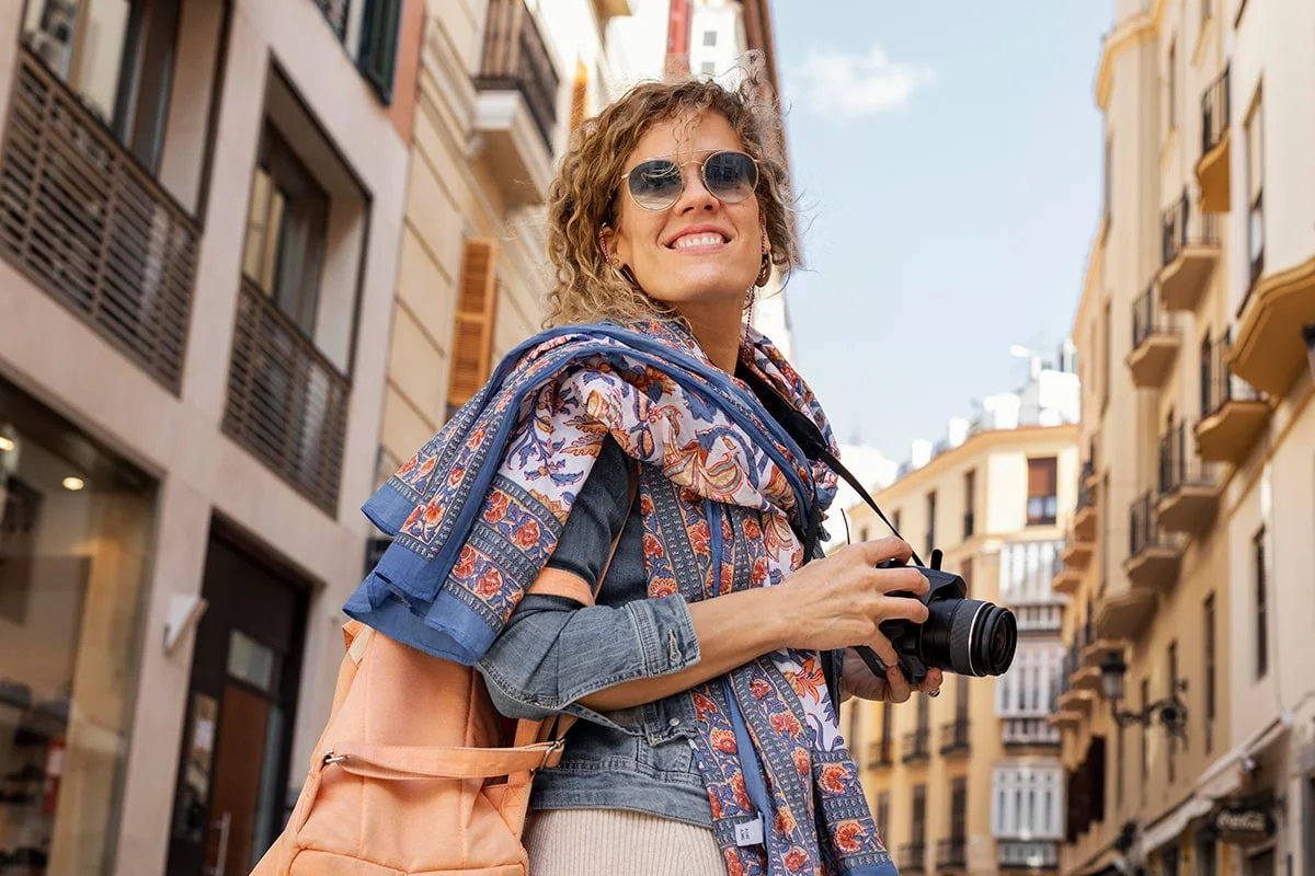 Djevojka sa fotoaparatom turistički istražuje grad