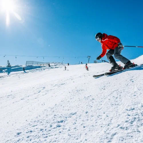 prikazan skijaš u full skijaškom odijelu dok se spušta stazom